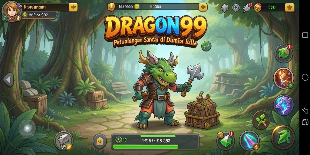 Tangkapan layar gameplay DRAGON99 yang menunjukkan petualangan santai dan pengumpulan sumber daya.