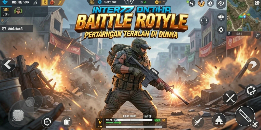 Screenshot utama INTER77 menunjukkan aksi seru dalam Battle Royale.