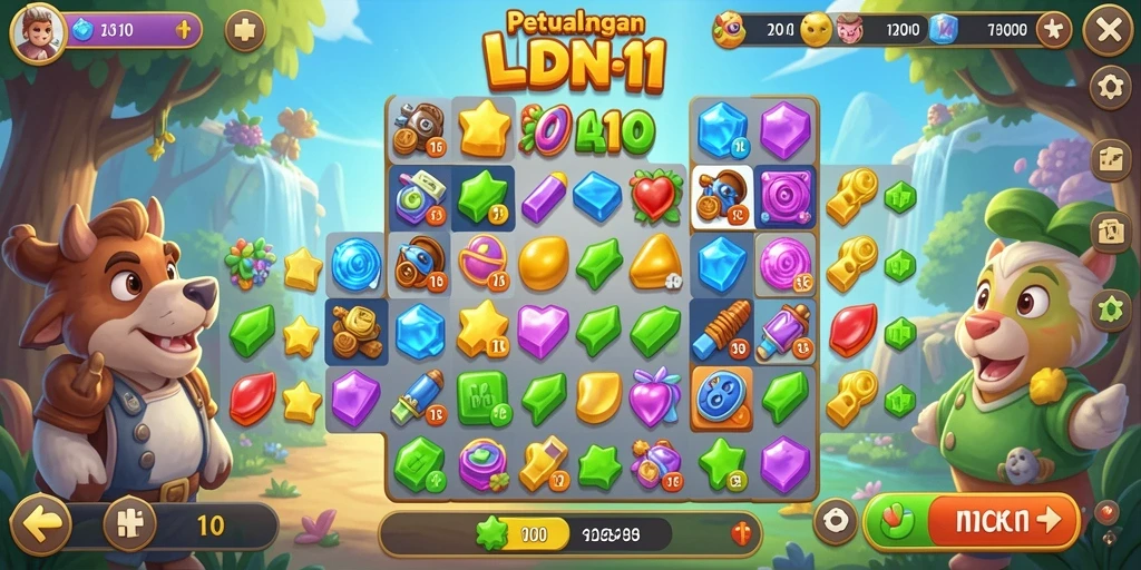 Tampilan gameplay LDN11 yang penuh warna dan menarik dalam genre Match-3.