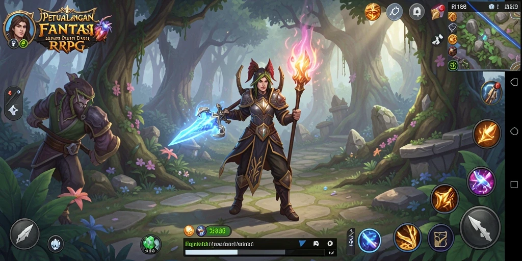 Screenshot utama RI188 menampilkan aksi pertarungan karakter dalam dungeon.